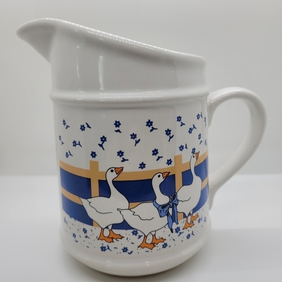 Vintage Country Blue Ribbon Goose Duck Ceramic Creamer Pitcher - Picture 2 of 10